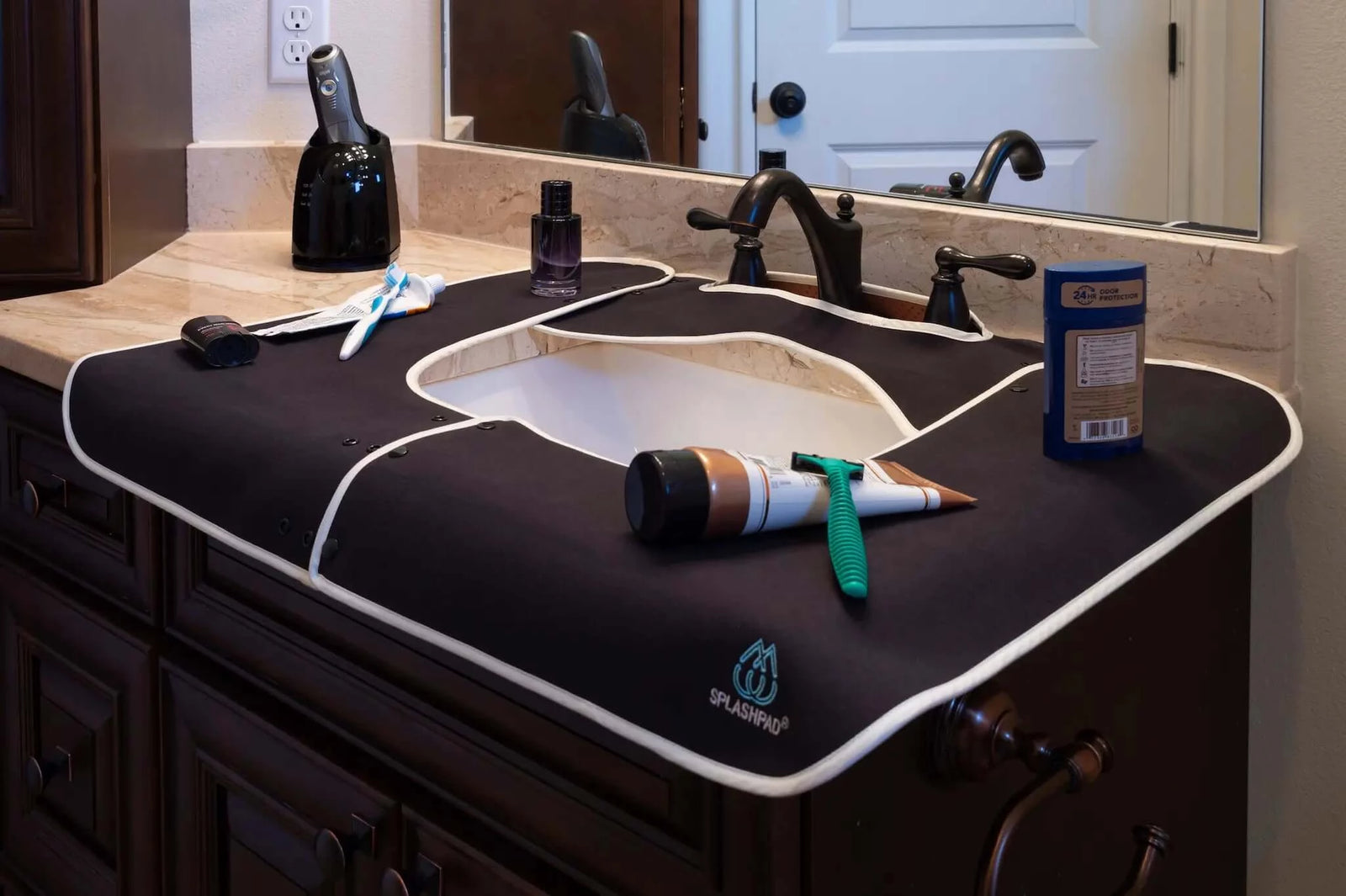 Black Bathroom Splashpad Mat Protects Marble Countertop from Water Splashes While Shaving and Grooming