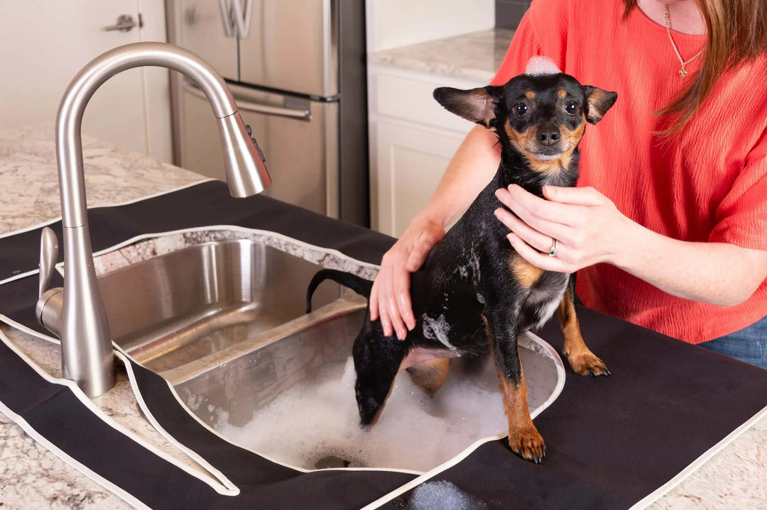Small Dog Getting a Bath in the Kitchen Sink - Dog Bath Mat - Kitchen Sink Splashpad in Black