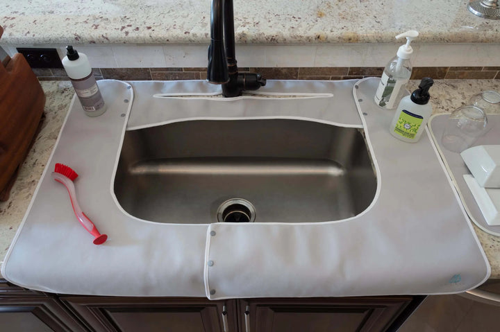 Granite Countertop Protector Mat - Grey Splashpad Protecting a Kitchen Sink Countertop and Behind the Faucet