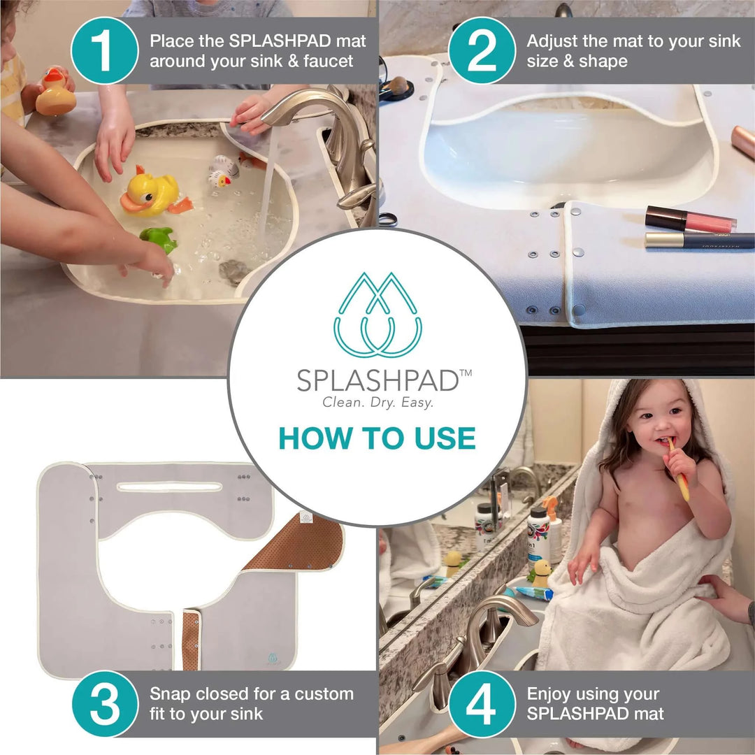 How to Use a Splashpad Mat is Explained - Place Around Your Sink and Faucet, Adjust to Fit, Snap Together and Enjoy!