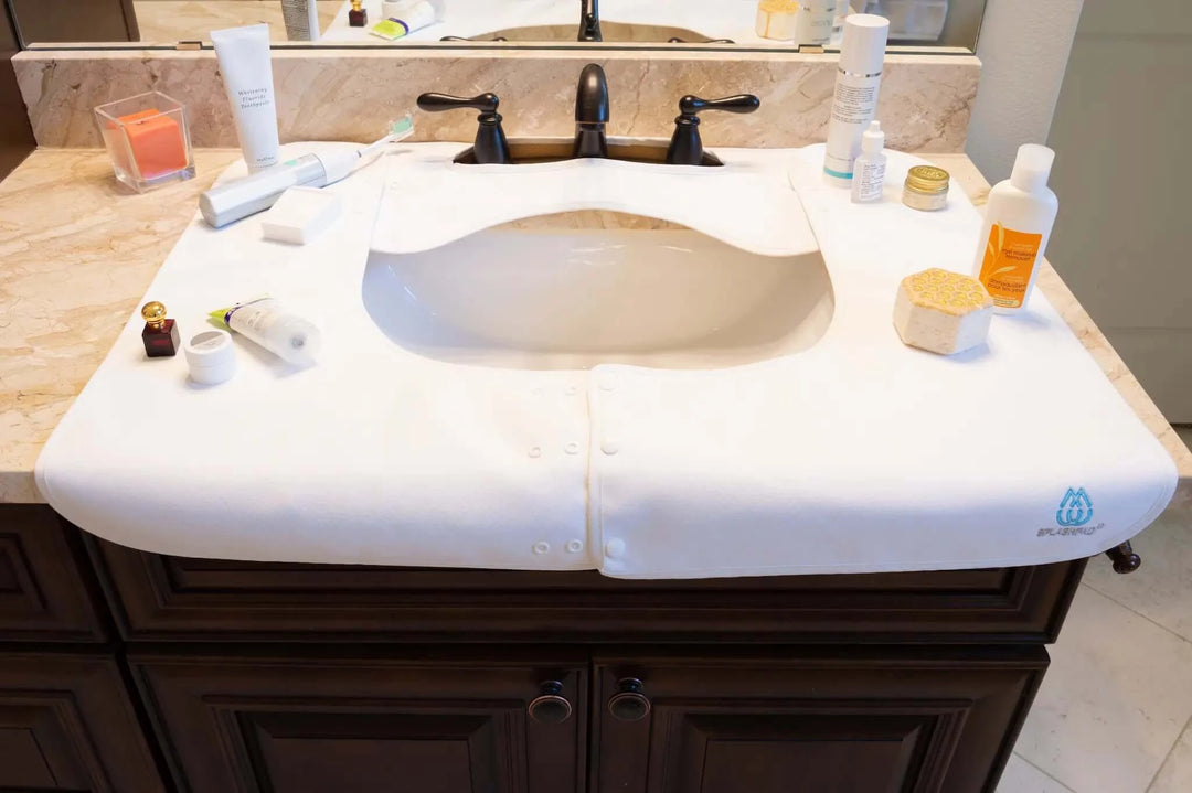 Splash Guard for Your Bathroom Sink Keeps Your Counters Clean & Dry - White Splashpad Mat